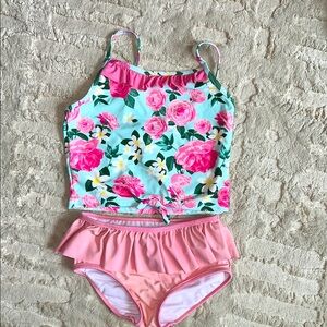 Ruffle Butts Floral Pink and Green Kids Swim Set 8